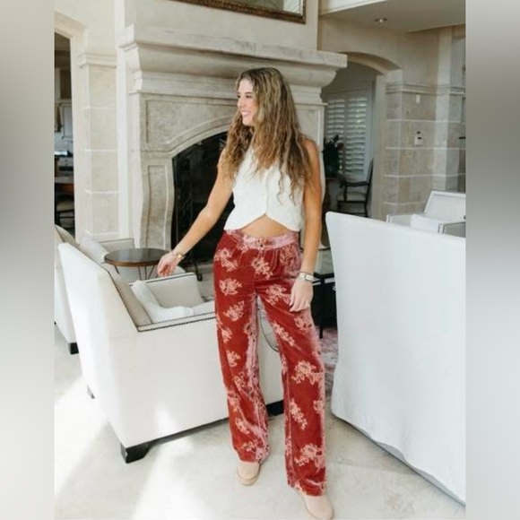 Ellison Pants - Ellison Red Floral Wide-Leg Velvet Pants